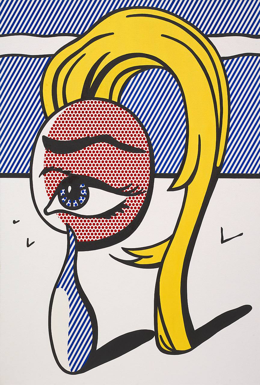 Pop art painting of a woman's eye with a tear
