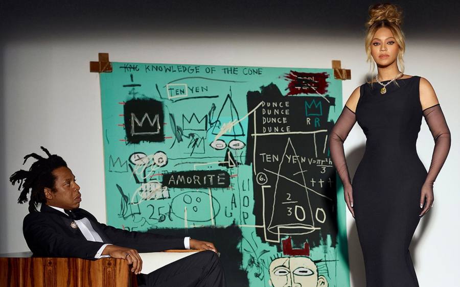 Beyonce and Jay-Z with a Basquiat painting in the Tiffany campaign