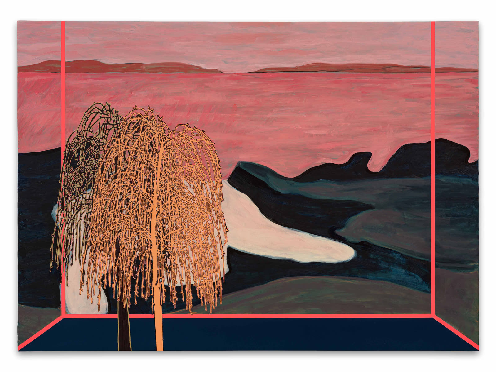 Whitney Bedford, a landscape with a willow tree under a pink sky, framed by neon geometric lines