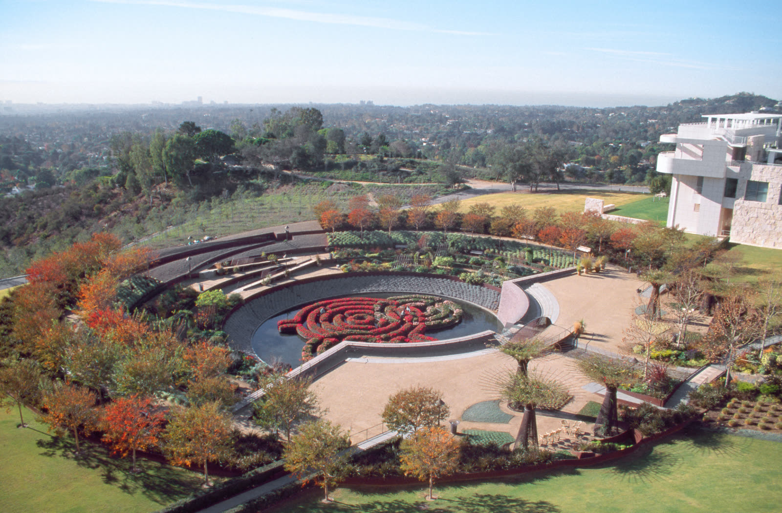 Aerial view of Robert Irwin's Central Garden at the Getty Center, with its circular maze of azaleas in a reflecting pool