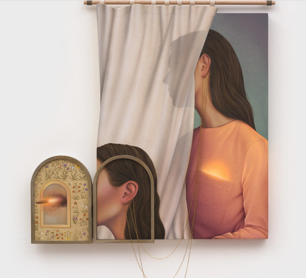 Arghavan Khosravi, female figures partly hidden behind a curtain beside an arched altarpiece-like panel