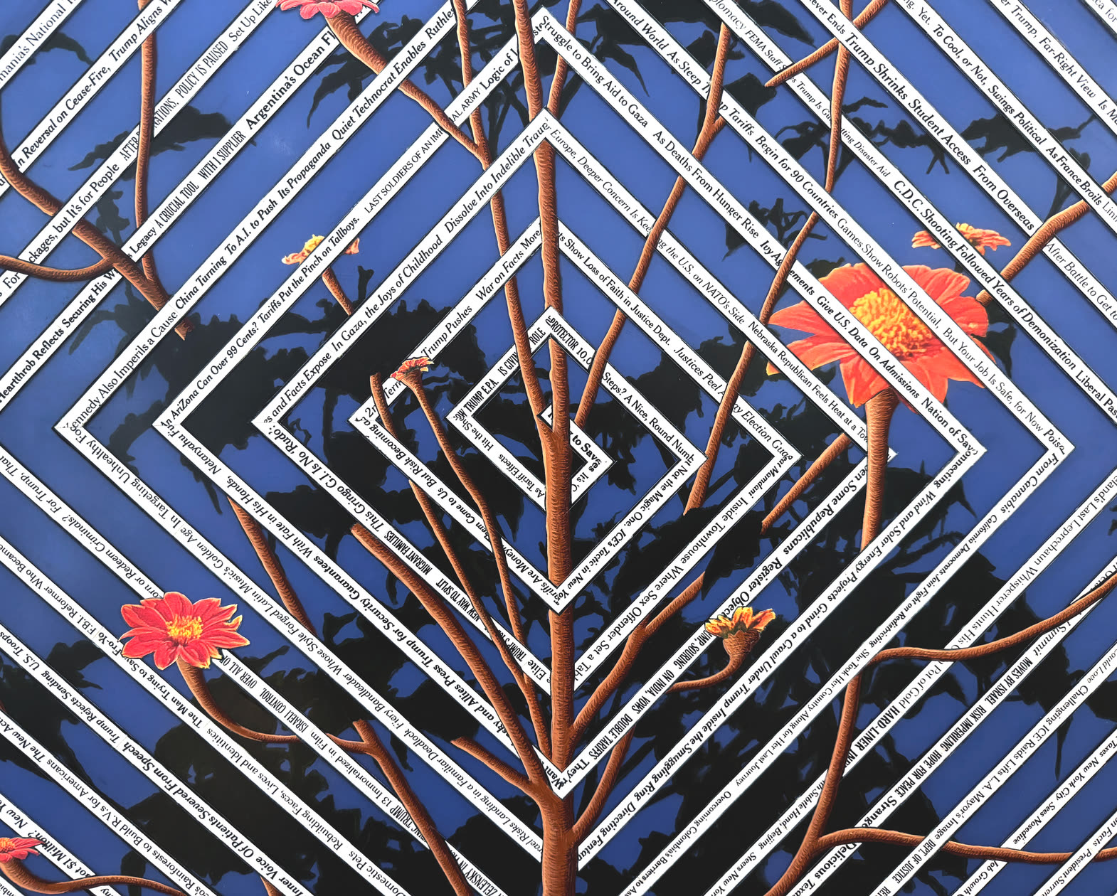 Fred Tomaselli, a kaleidoscopic collage built from New York Times pages with a tree and bright flowers on a blue ground