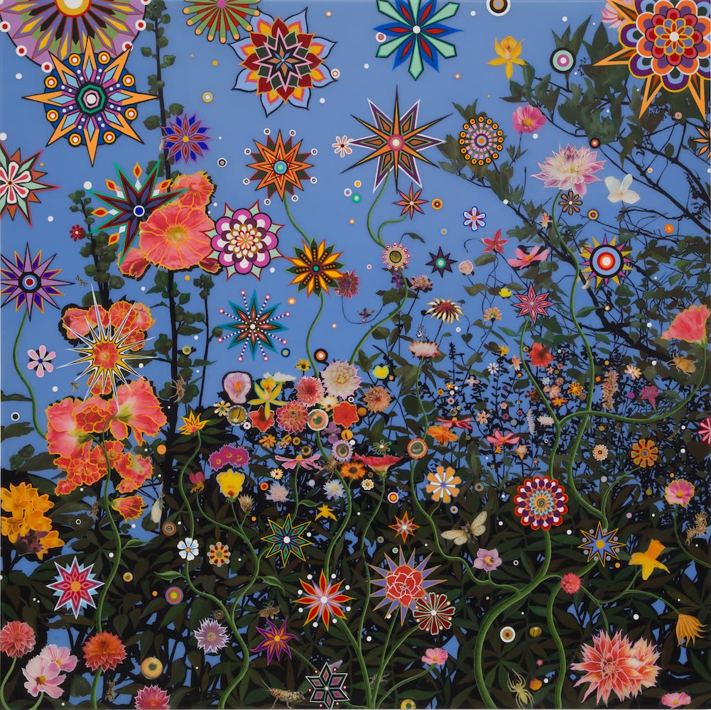Fred Tomaselli, a psychedelic flower garden of stars and blooms against a blue sky