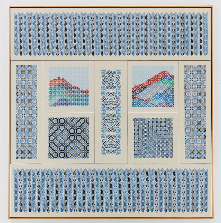 Jordan Nassar, an embroidered work combining traditional Tatreez cross-stitch patterns with an imagined mountain landscape