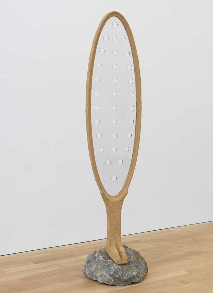 Oren Pinhassi, Perforated Self, 2026, steel, glass, sand, burlap, polymer and rock