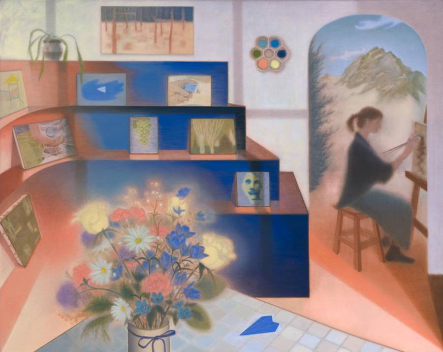 Painting by Guimi You of a woman seated at an easel in an arched opening, painting a mountain landscape, with framed pictures arranged on coral and blue shelves and a large bouquet of flowers in the foreground