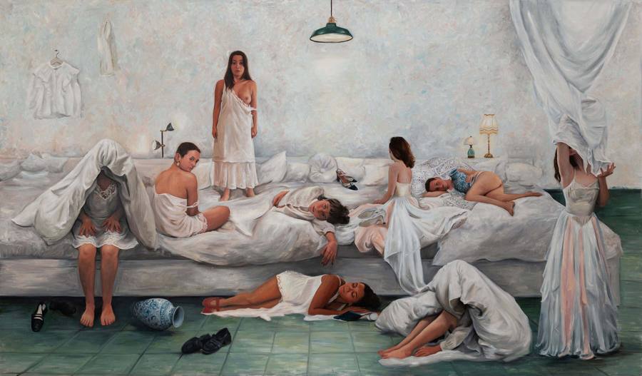 Oil painting by Tom Fima showing many young women in white nightgowns resting on and around a large bed in a room with a green tiled floor, some faces hidden by white fabric