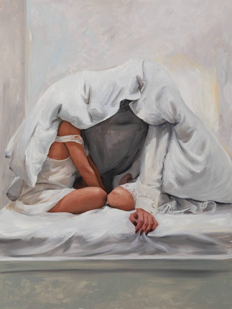 Oil painting by Tom Fima of a woman kneeling on a bed with a white sheet draped over her head and torso, only her legs and one hand with dark nail polish visible