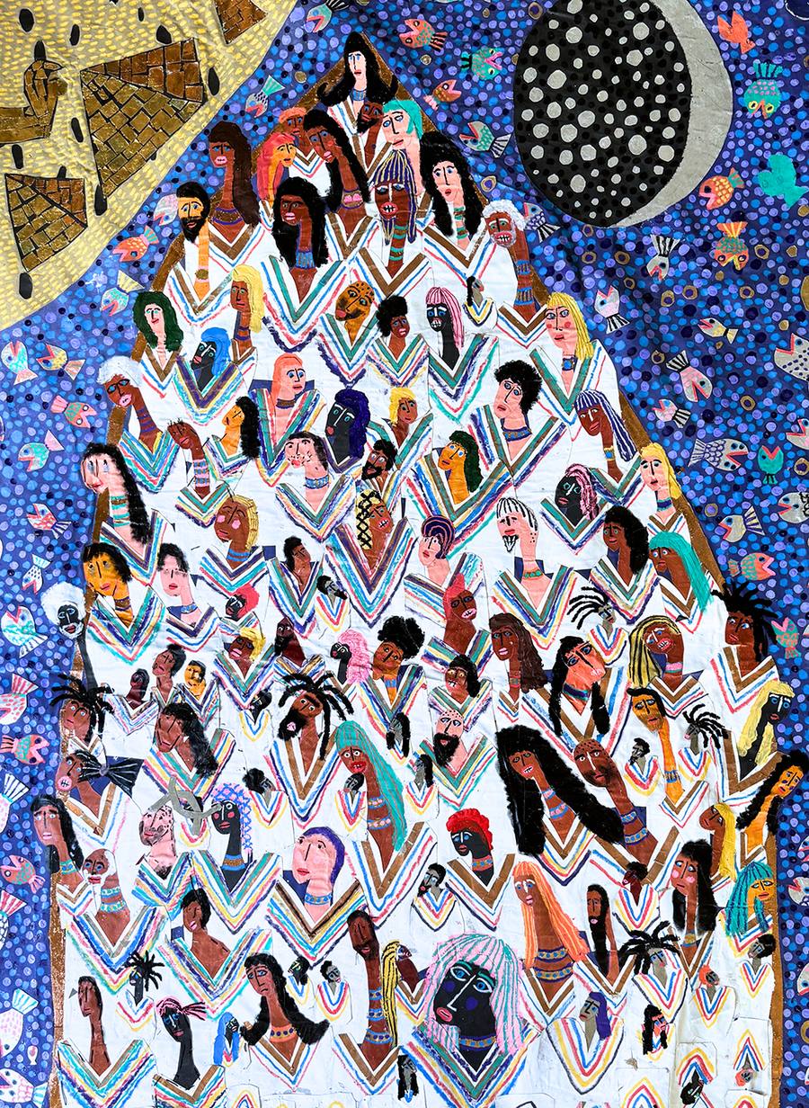 Large mixed media painting by Oren Fischer: a dense crowd of stylized human faces in many skin tones, wearing white garments with colorful chevron stripes, rising like a mountain against a deep blue dotted sky with a moon, fish, and golden pyramids