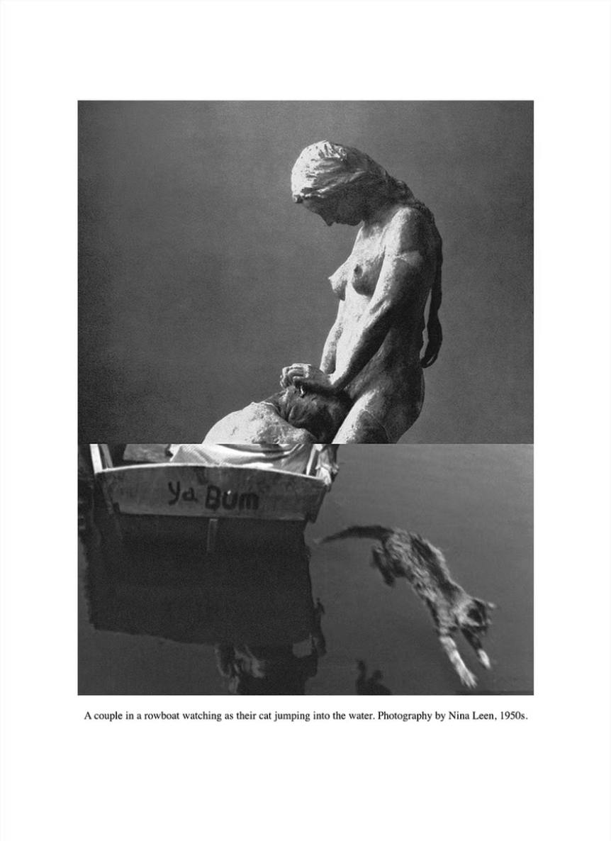 Dana Darvish photomontage joining a photograph of a nude female sculpture with a black and white photograph of a couple in a rowboat and a cat leaping into the water