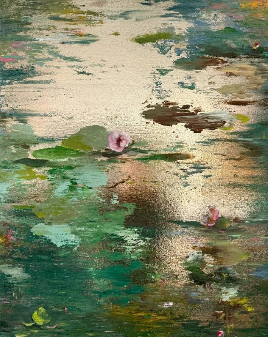 Nir Hod painting of golden, shimmering water with pink water lilies and green lily pads, light reflecting across the surface