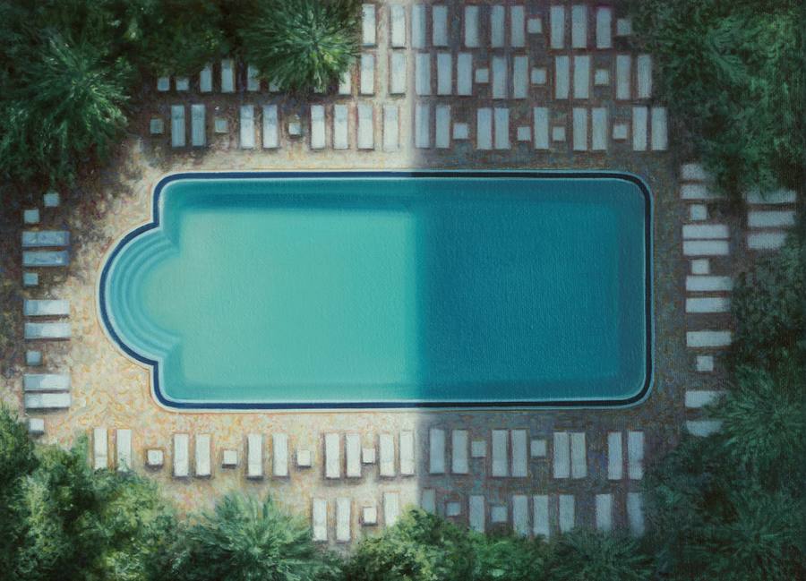 Melanie Siegel painting seen from above: an empty turquoise swimming pool with a rounded step end, surrounded by rows of pale sun loungers and dark green trees, with no people present
