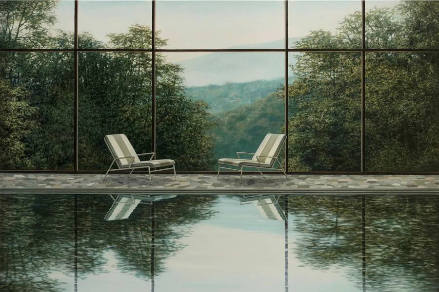 Melanie Siegel painting of a still indoor pool behind a wall of windows that look onto misty green hills, two empty modernist lounge chairs reflected in the calm water