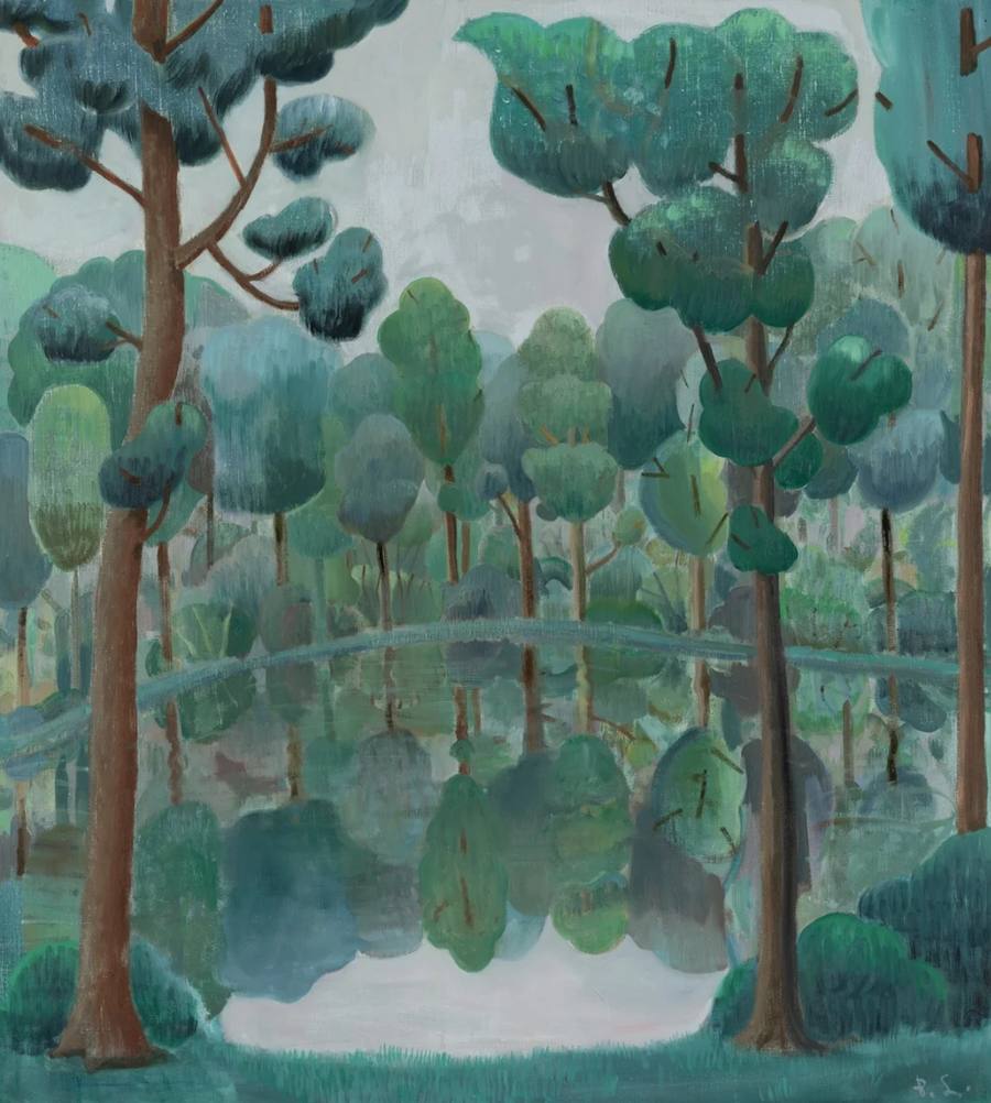 Ben Sledsens painting of an invented, lush forest of stylized blue green trees reflected in a still pond