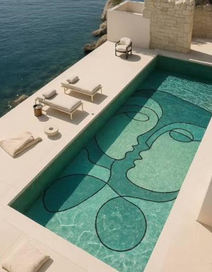 Shira Barzilay, Koketit, a seaside swimming pool whose floor carries a large single line drawing of two abstract faces in profile, the black continuous line rippling as the turquoise water moves in the sun