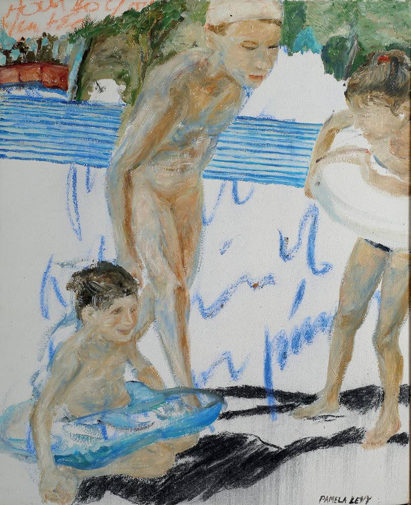 Pamela Levy oil painting of three nude children beside a pool, one girl standing and bending forward, a younger child sitting with a blue float, loose blue crayon marks scribbled across the pale background