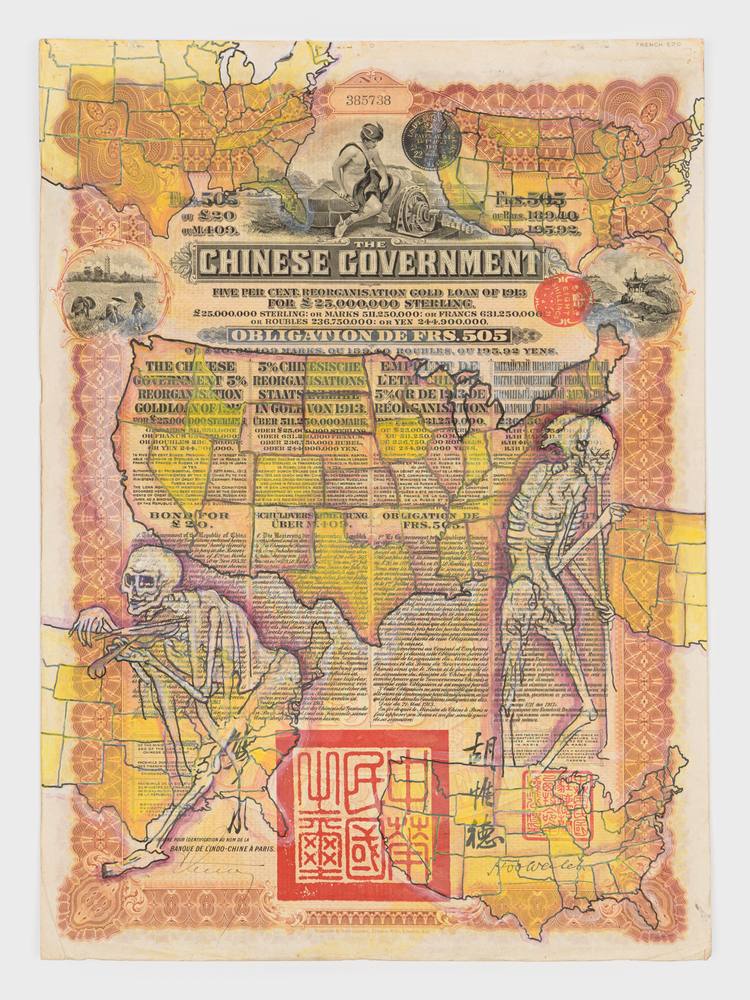 Hew Locke altered share certificate, a 1913 Chinese Government gold loan bond printed in yellow and orange, painted over with skeletal figures and a red seal, turning a colonial financial document into an artwork