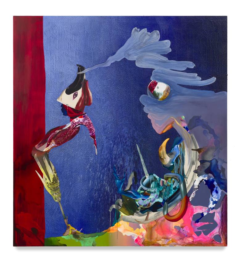 Ilana Savdie abstract painting, biomorphic bodies dissolving into acidic red, blue, green and pink forms against a deep blue ground, with translucent layers and a small mirrored sphere