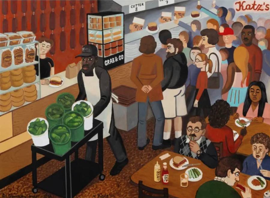 Zoya Cherkassky painting of the crowded interior of Katz's Delicatessen, an apron-clad worker pushing a cart of pickle buckets past a bread case and a wall of hanging salamis, customers waiting at the counter and eating pastrami sandwiches at tables, in flat bright colors