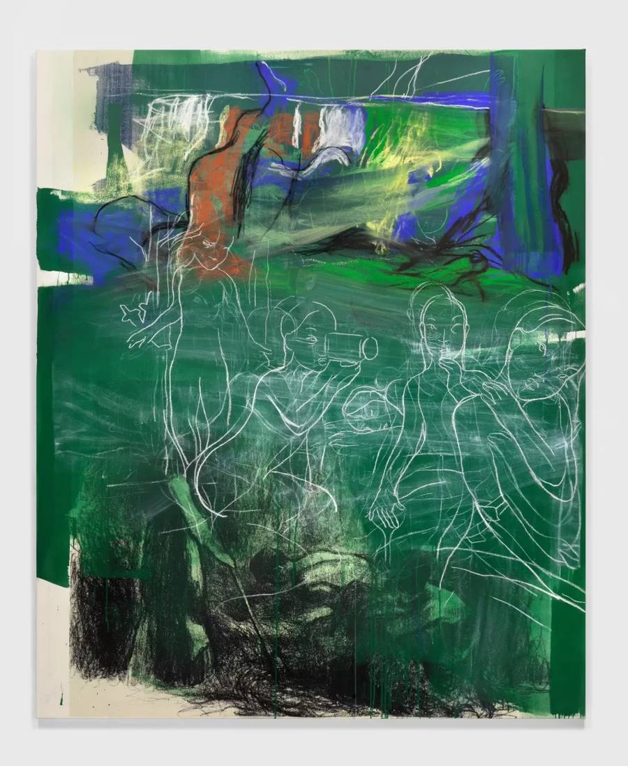 Rita Ackermann painting on green chalkboard ground, with white chalk outline drawings of several figures floating over washed layers of green, blue, orange and yellow, and dense black charcoal marks along the bottom