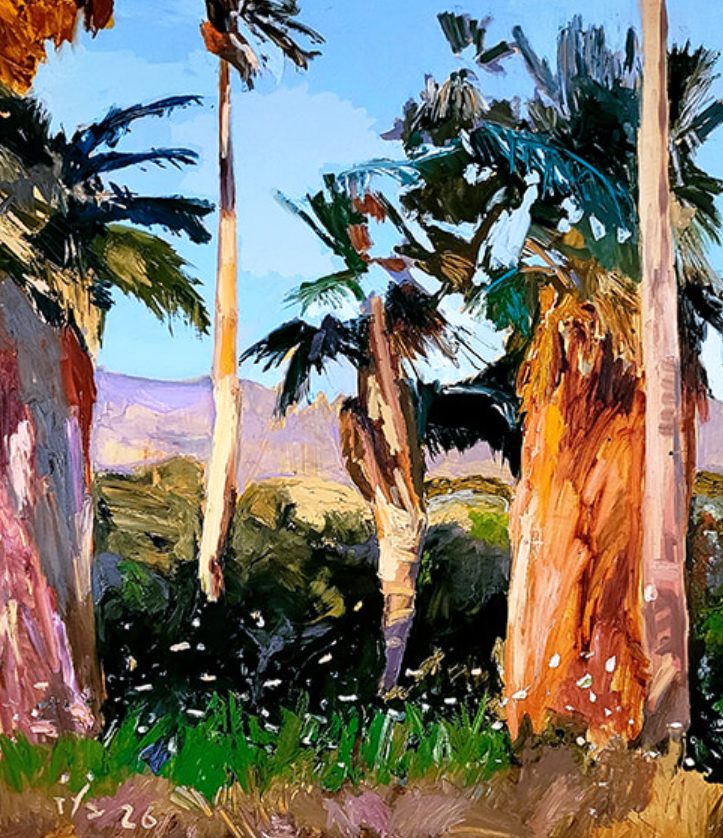 Boaz Noy oil painting of tall palm trees with loosely brushed dark green fronds and orange trunks, set against a pale blue sky and a hazy violet mountain, with bright green grass in the foreground