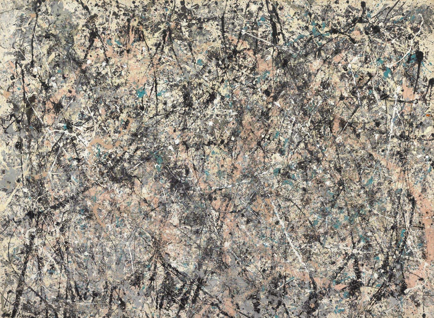 Jackson Pollock abstract drip painting, a dense web of black, white, gray, pale pink and teal paint on a cream ground