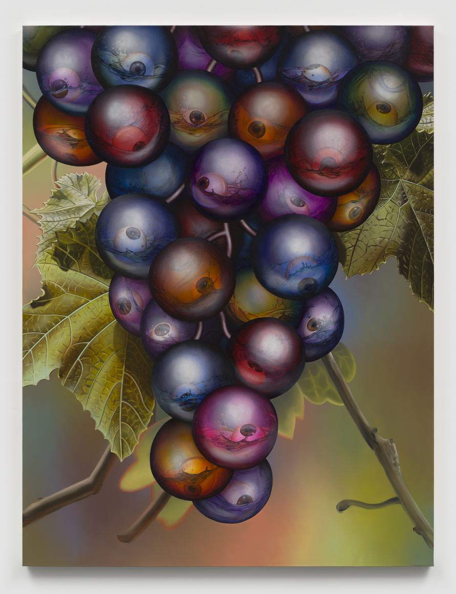Emily Mae Smith painting of a large bunch of glossy purple and amber grapes among vine leaves, each grape holding a reflected eye