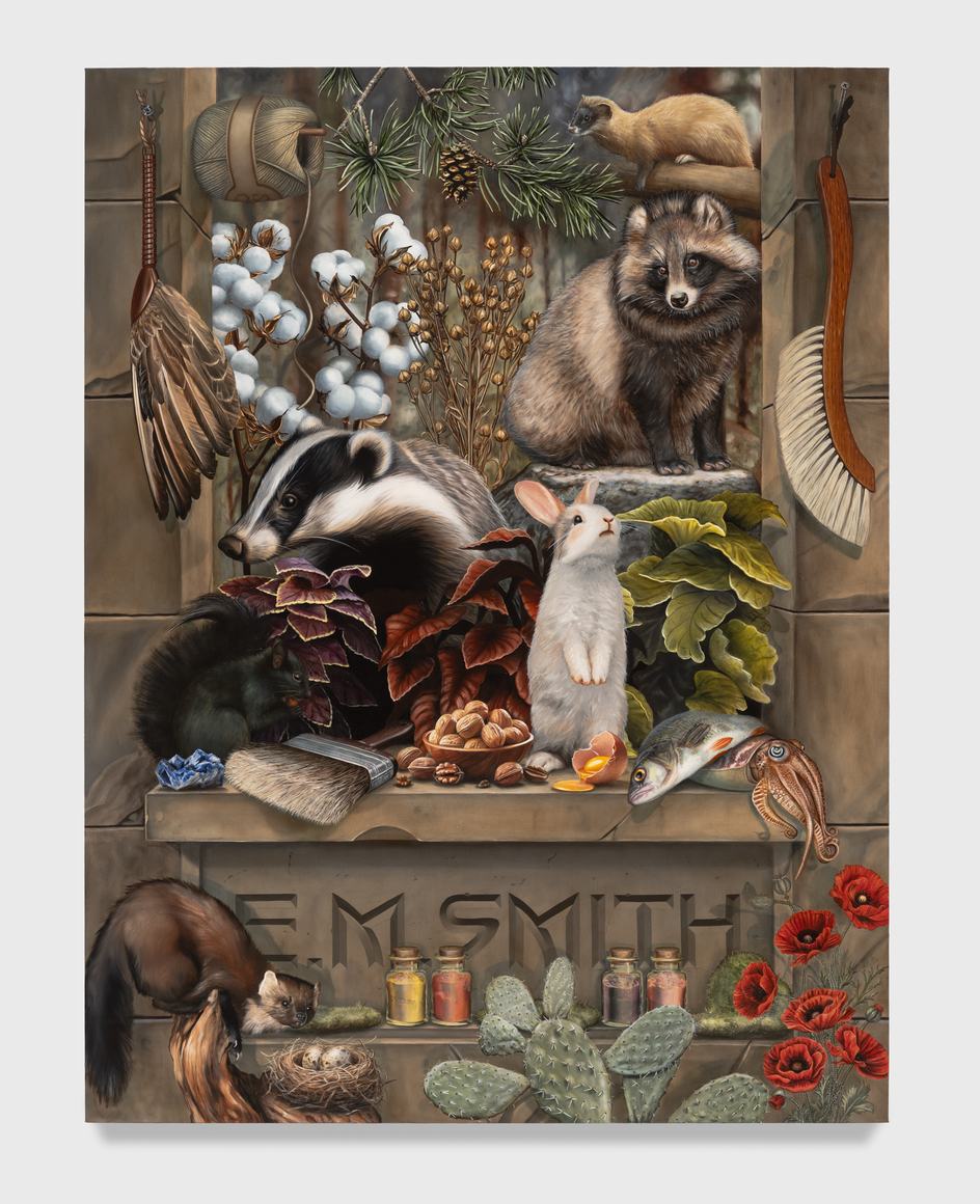 Emily Mae Smith still life painting in a stone niche carved with the name E. M. Smith, crowded with a badger, a raccoon dog, a rabbit, a fish, a cuttlefish, nuts, an egg yolk, cotton bolls, paintbrushes, small jars of pigment and red poppies