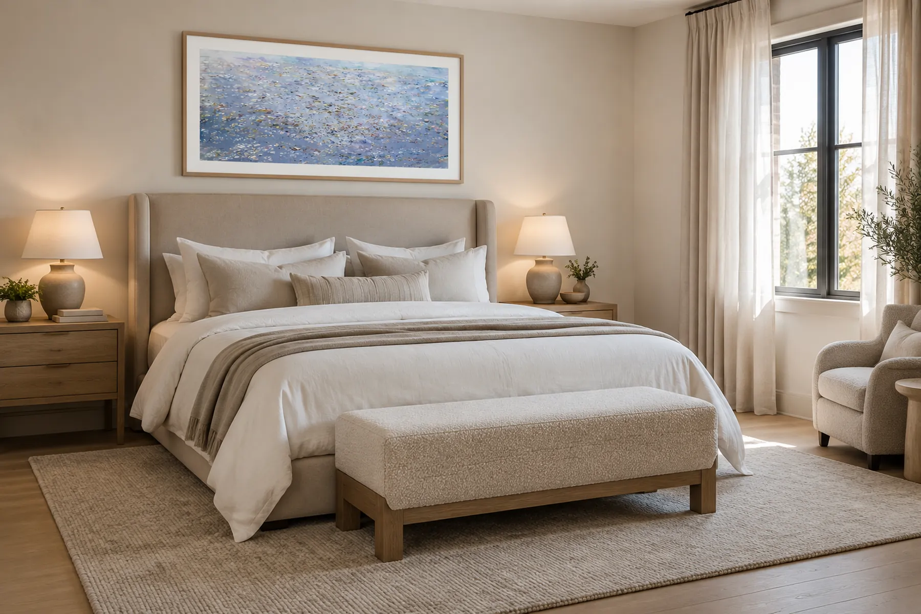A boutique hotel suite with a linen bed, bench and two lamps, a wide painting of blue water with light flecks, matted in an oak frame above the bed.