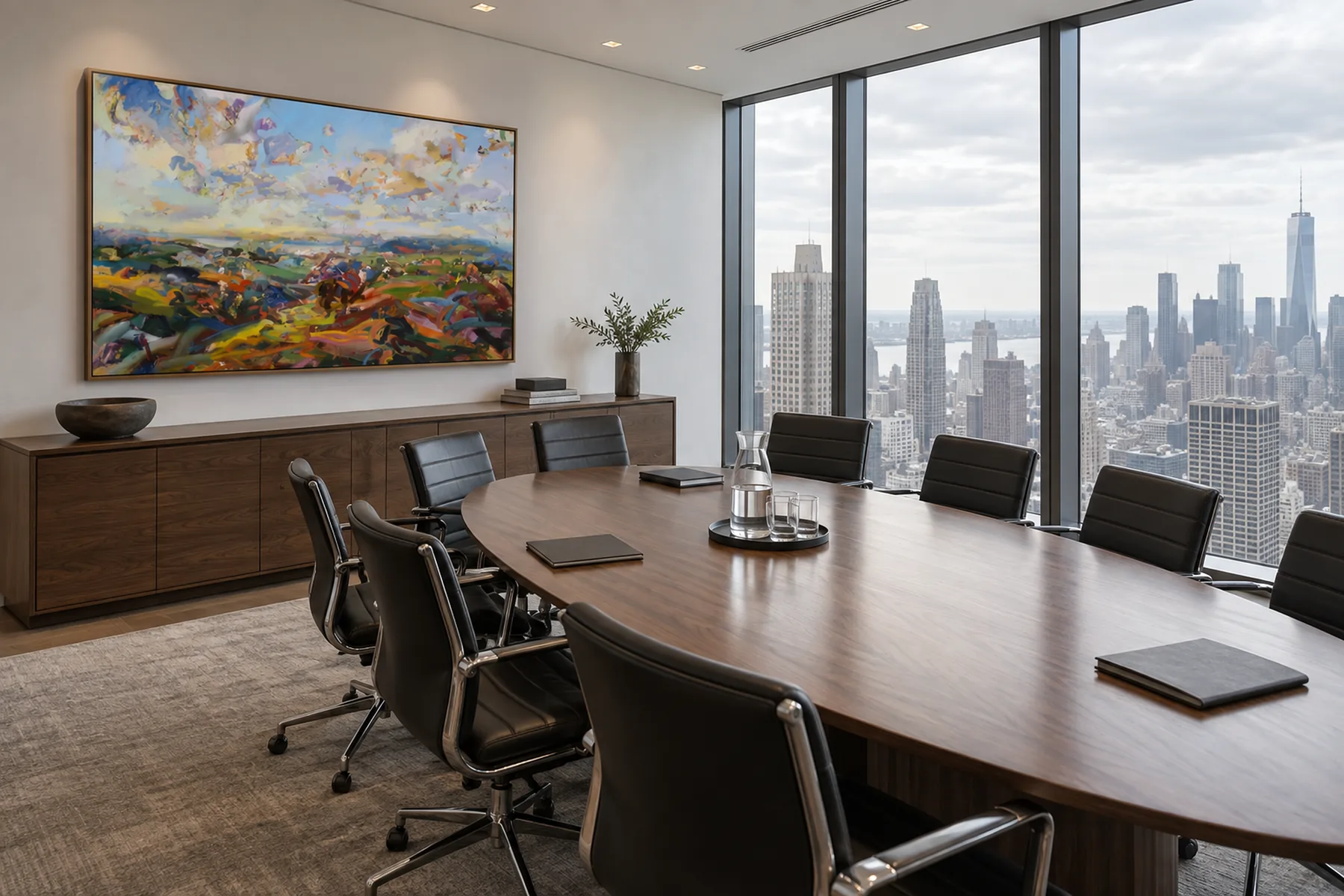 An investment firm boardroom with an oval walnut table and a Manhattan skyline window, a wide brightly painted landscape above the credenza.