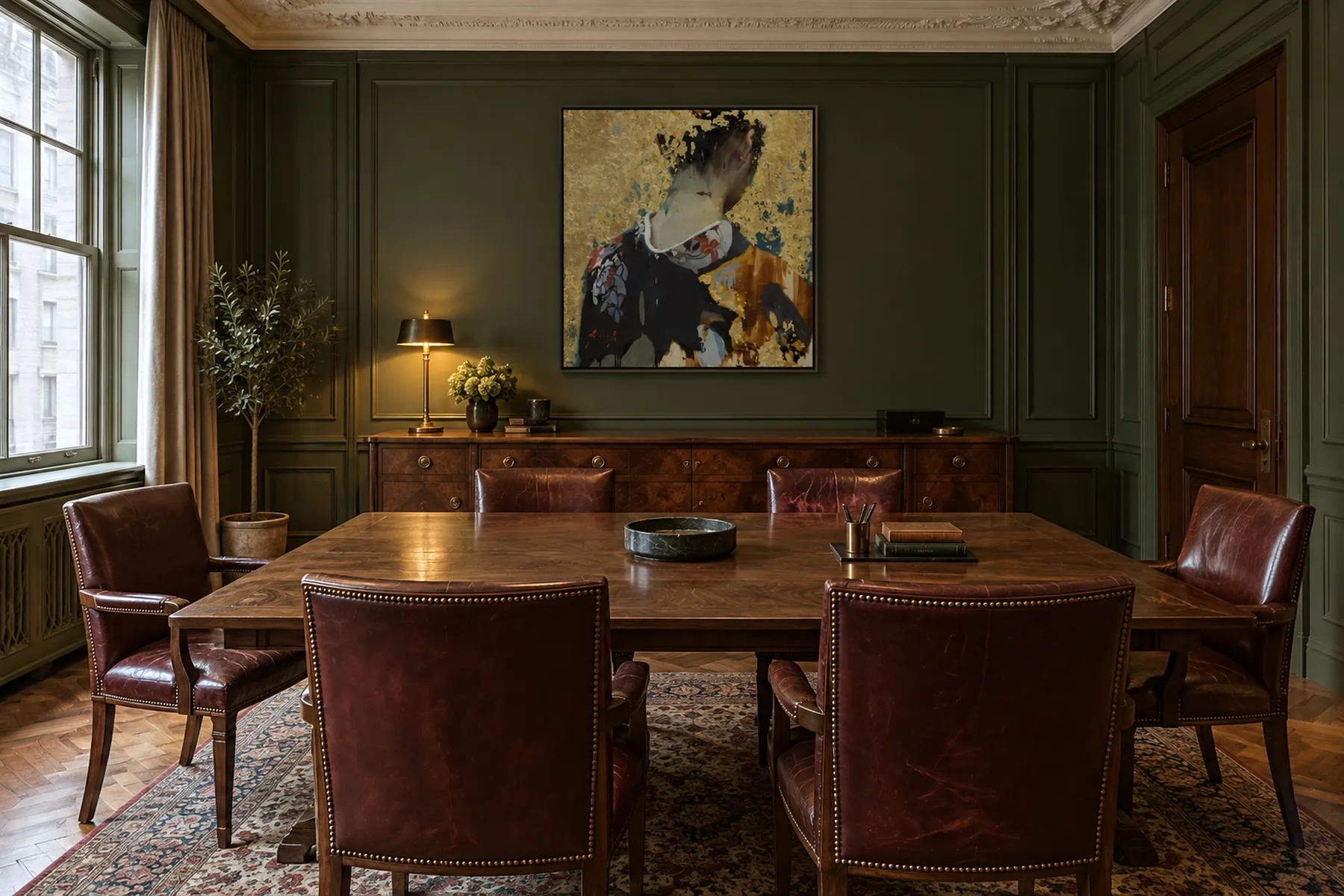 A green paneled law firm meeting space with a walnut table and oxblood leather chairs, a portrait on gold leaf above the sideboard.