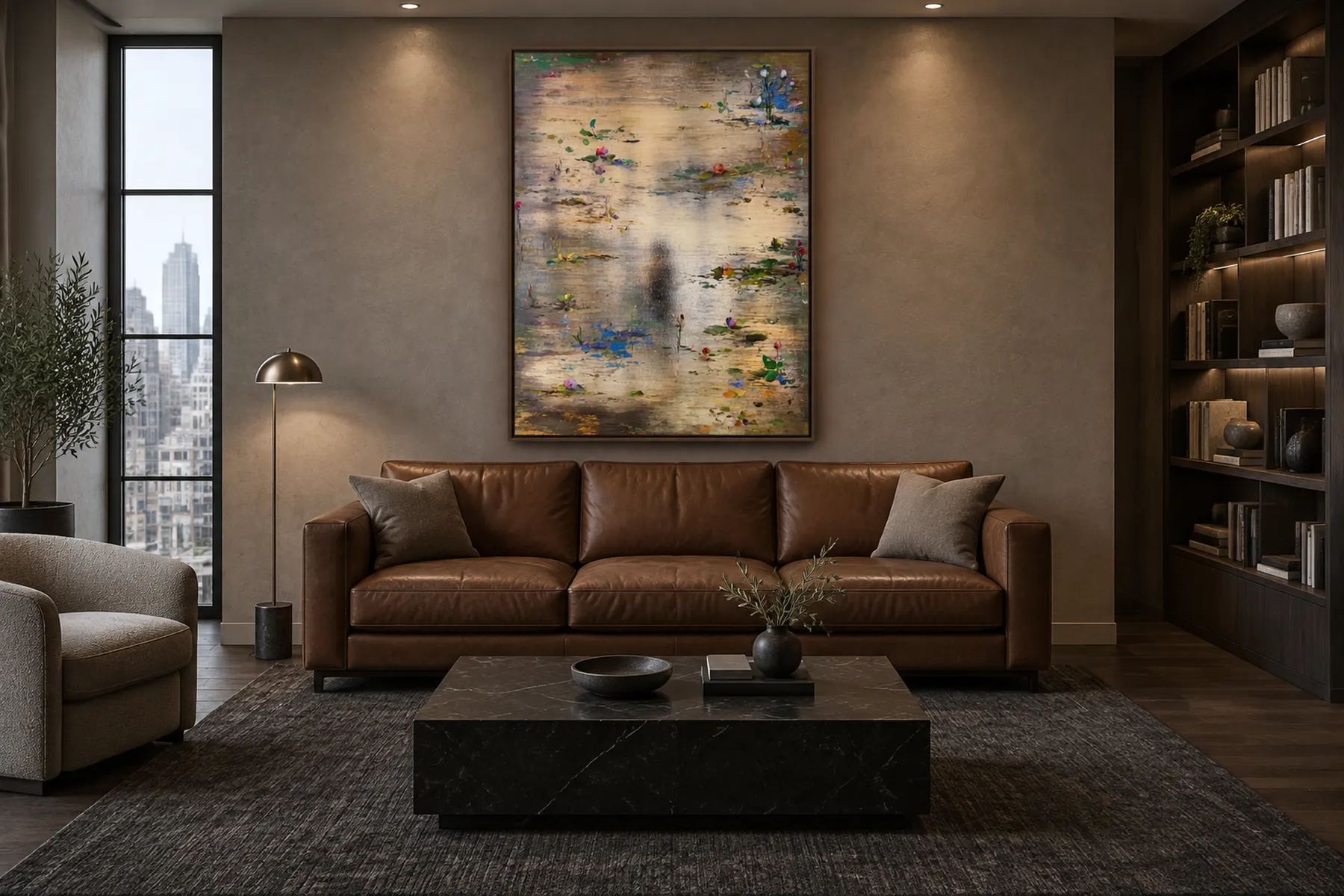 A law firm client lounge: a tall abstract in gold and cream with small flecks of color above a cognac leather sofa, lit bookshelves at right.
