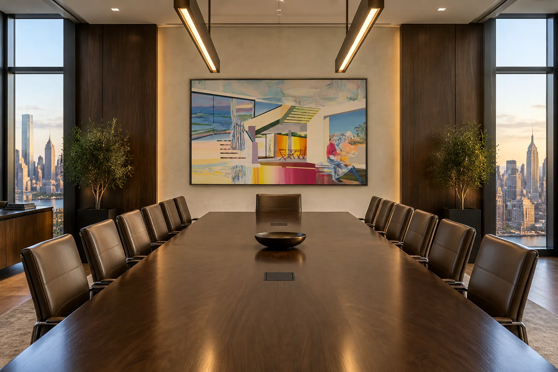A law firm boardroom with a long walnut table and skyline windows on both sides, a wide colorful painting of a modern interior on the end wall.