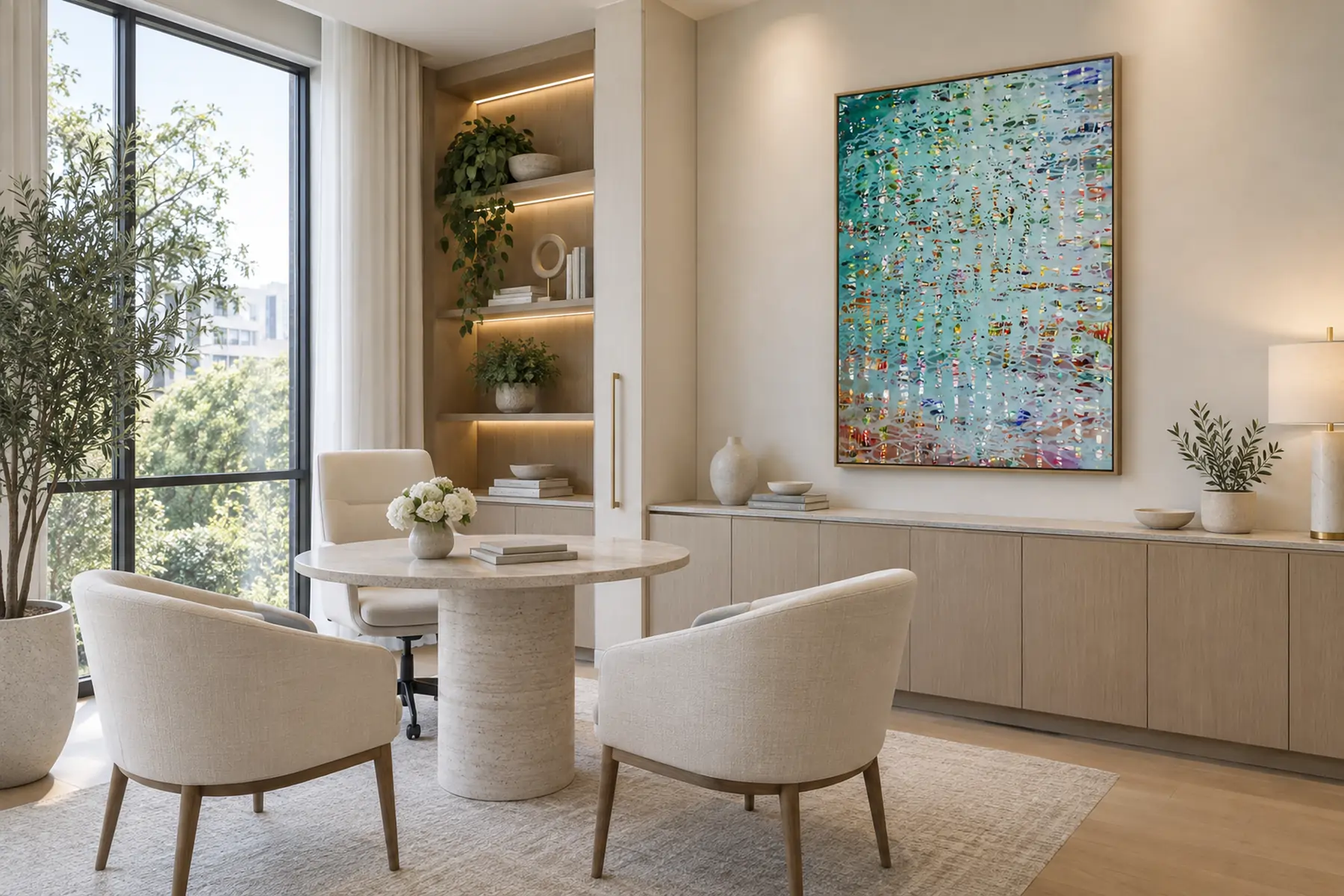 A consultation space at a medical practice: a tall abstract of small turquoise strokes with flecks of pink and red above an oak cabinet.