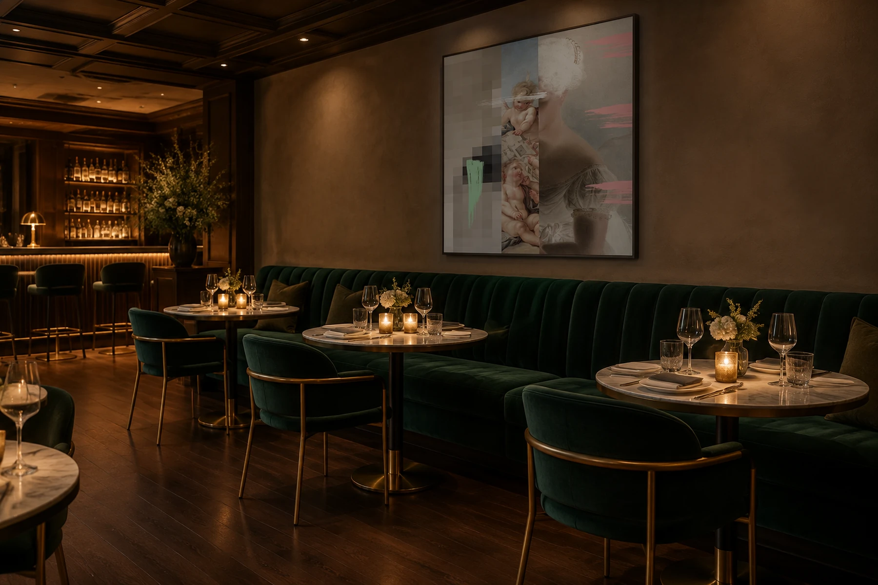 A New York restaurant before service: a collage breaking an old master painting of cherubs into pixel blocks, above a green velvet banquette.