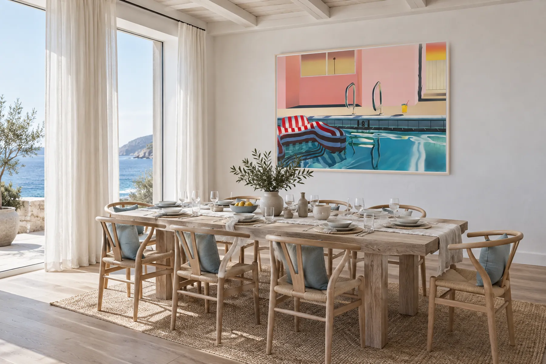 A private dining space with a long wood table and a sea view, a painting of a pink pool house and turquoise water on the white wall.