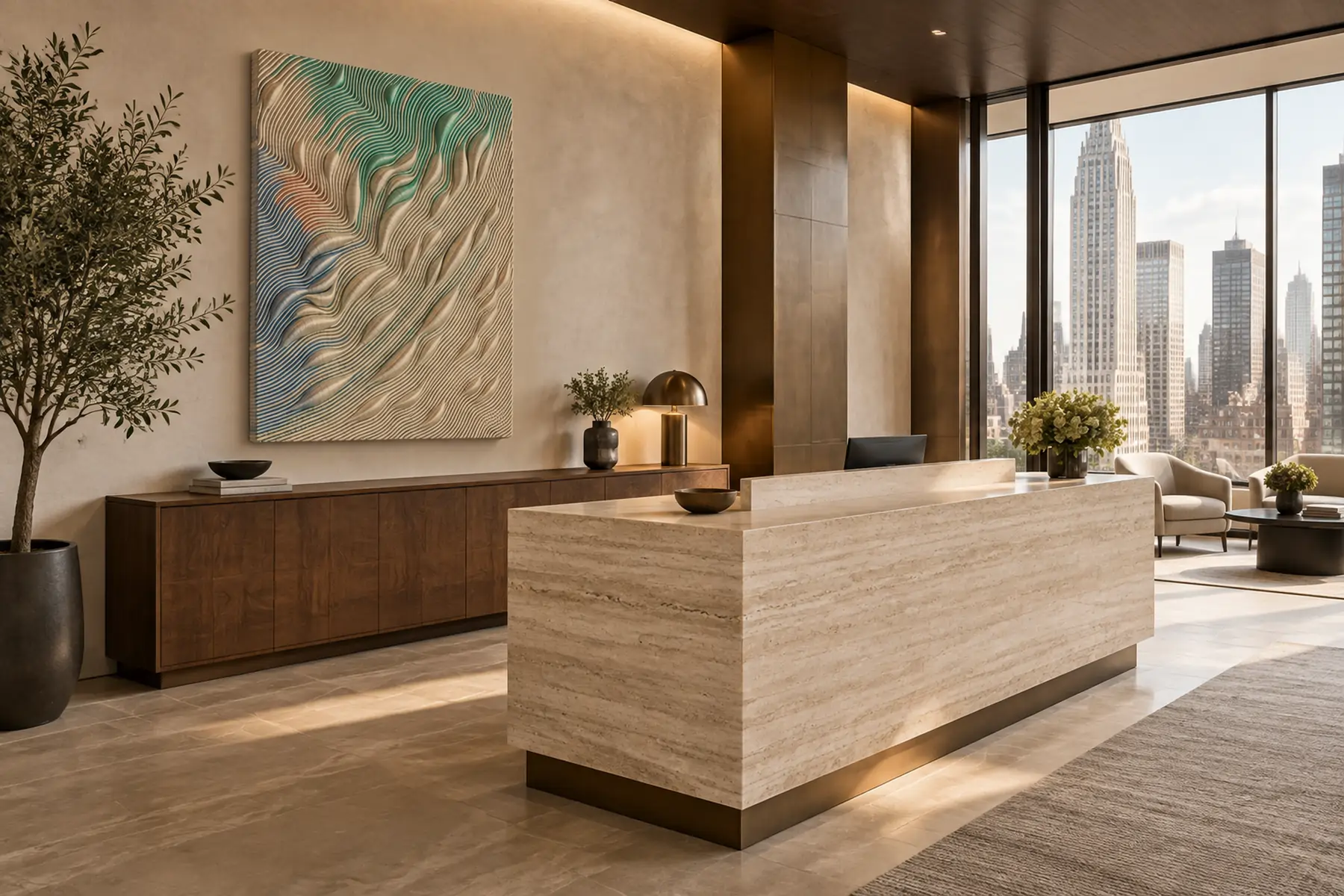 A wealth management reception with a travertine desk and a skyline window, a large carved wave relief in teal, blue and cream on the plaster wall.