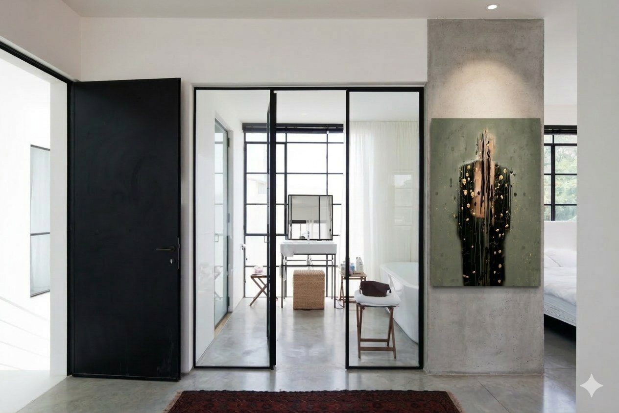 A single artwork as the focal point of a minimalist, monochromatic renovated Bauhaus home in Tel Aviv
