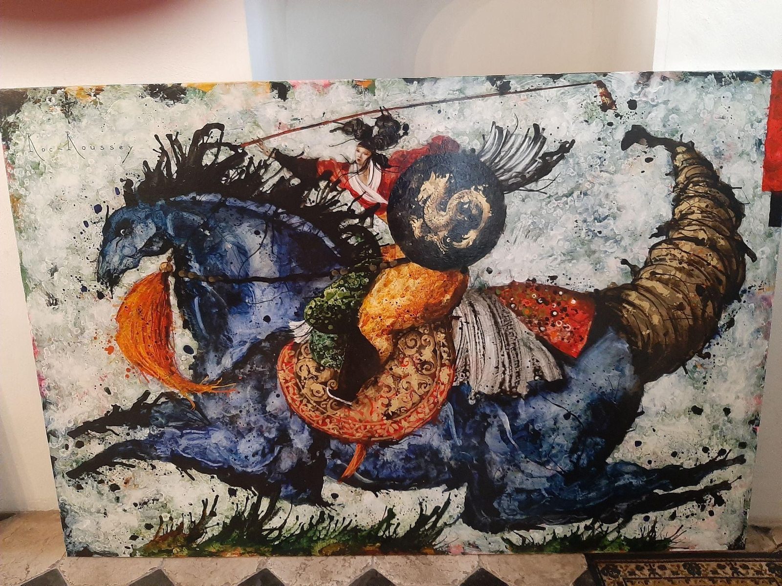 Large scale painting sourced from France for a private estate in Caesarea, a rider on a blue horse, layered pigments and gold detailing