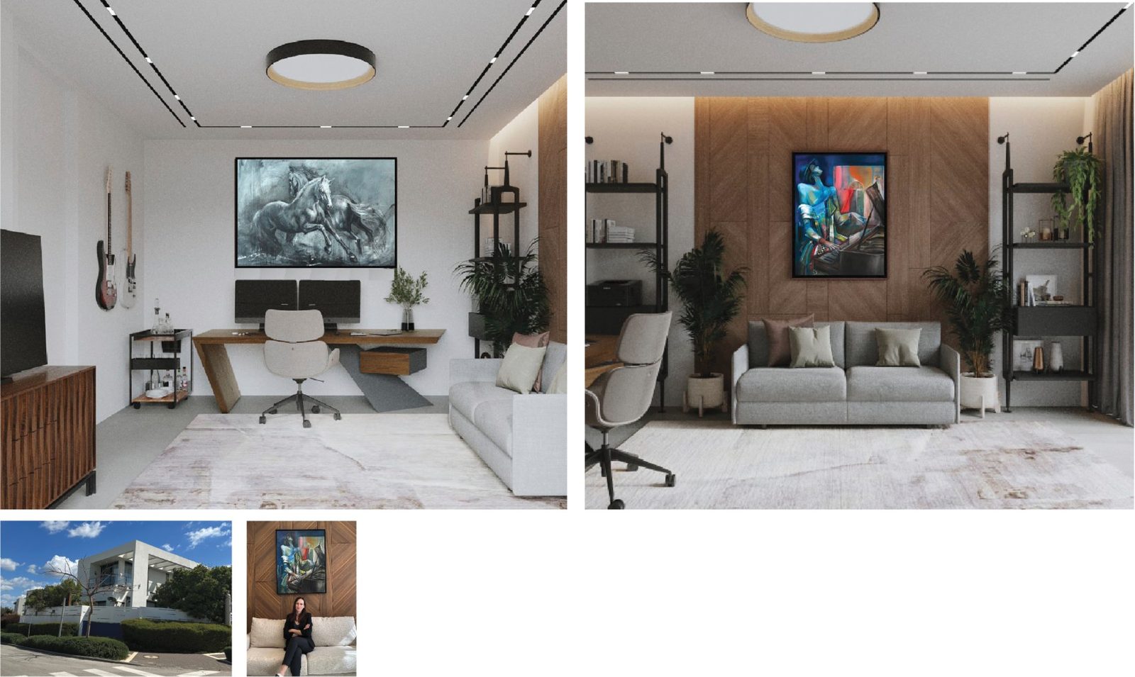 Home office in Caesarea, a monochrome painting of galloping horses above the desk and a colorful painting of a musician at the keys on a wood panelled wall