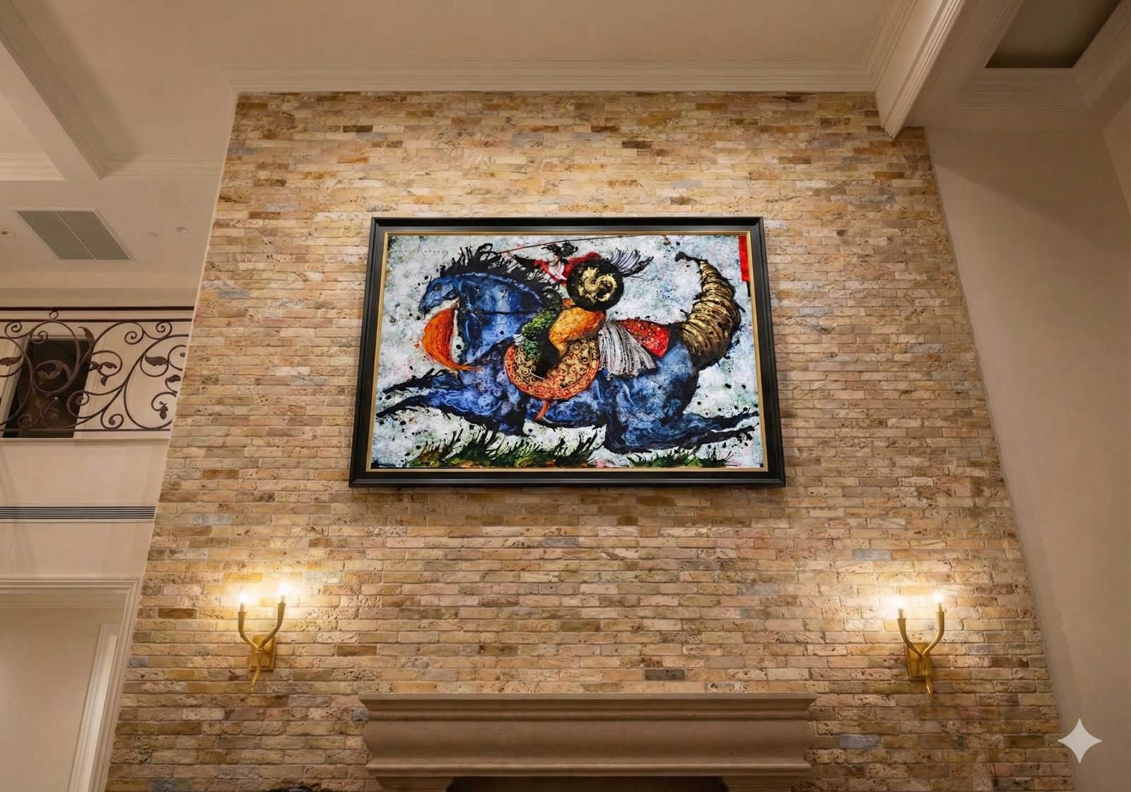 Large scale painting with layered pigments and gold detailing, framed and hung high on a stone wall between two wall lights, in a private estate in Caesarea