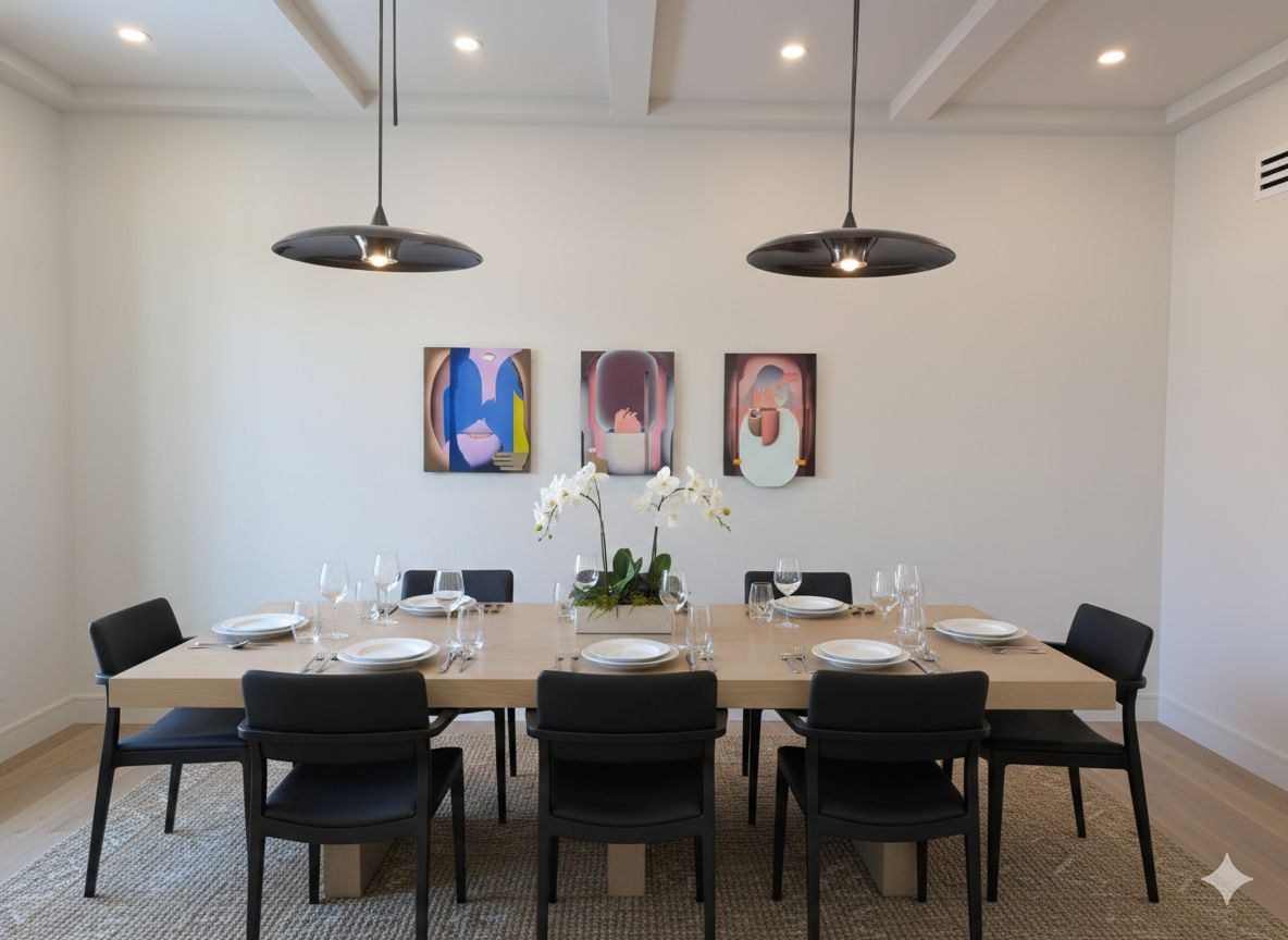 Dining room in a newly built house in Closter, New Jersey, with contemporary paintings on the wall