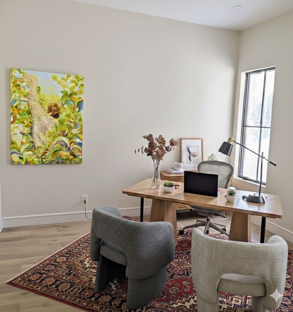 Home office in a newly built residence in Closter, New Jersey, a large painting of a figure among green foliage on the wall