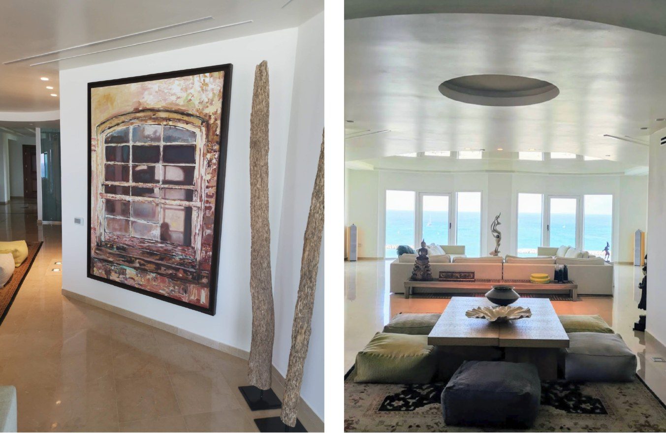 Large painting of an aged, textured window by Yigal Ozeri near the entrance of a sea view apartment in Herzliya Pituach