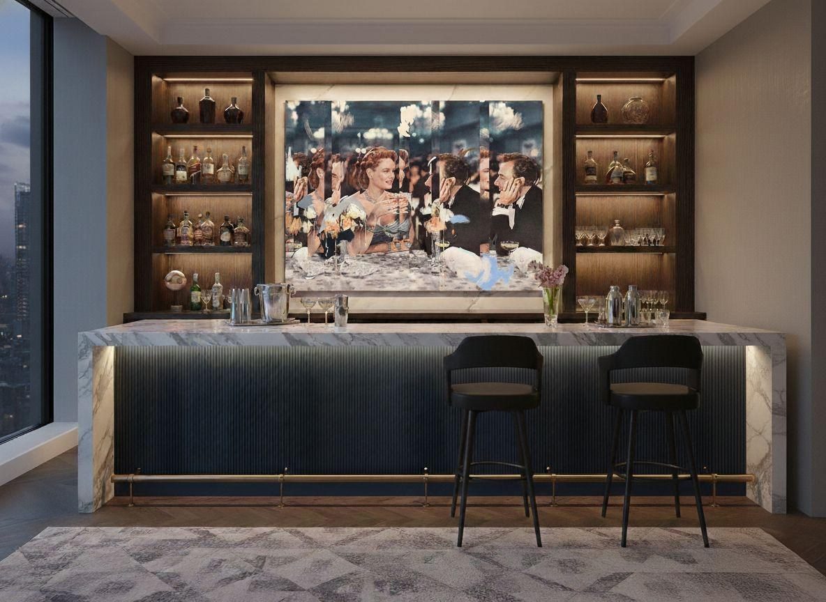 Custom bar in a Manhattan apartment with a large format digital collage above it