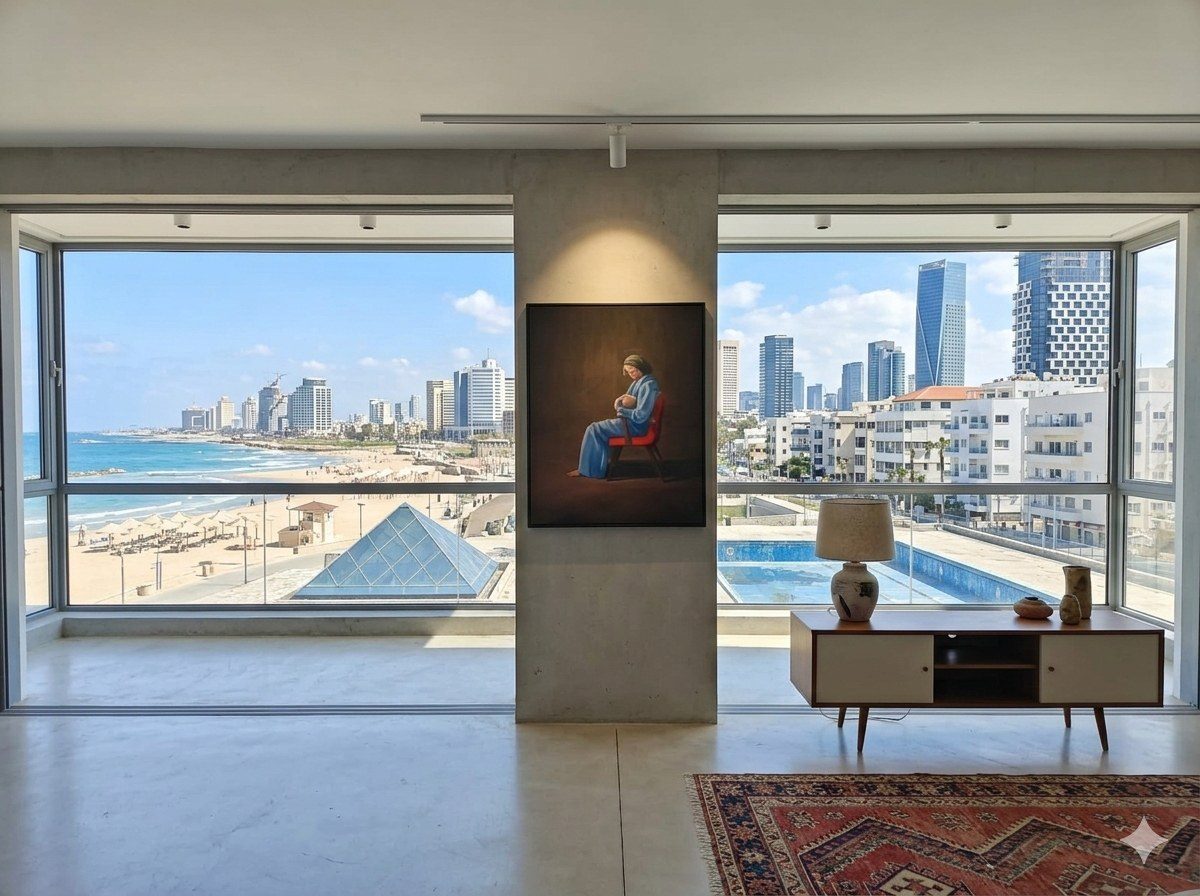 Tel Aviv living room with the sea on one side and the city on the other, a painting of a mother and baby on a red chair hung on the central concrete column