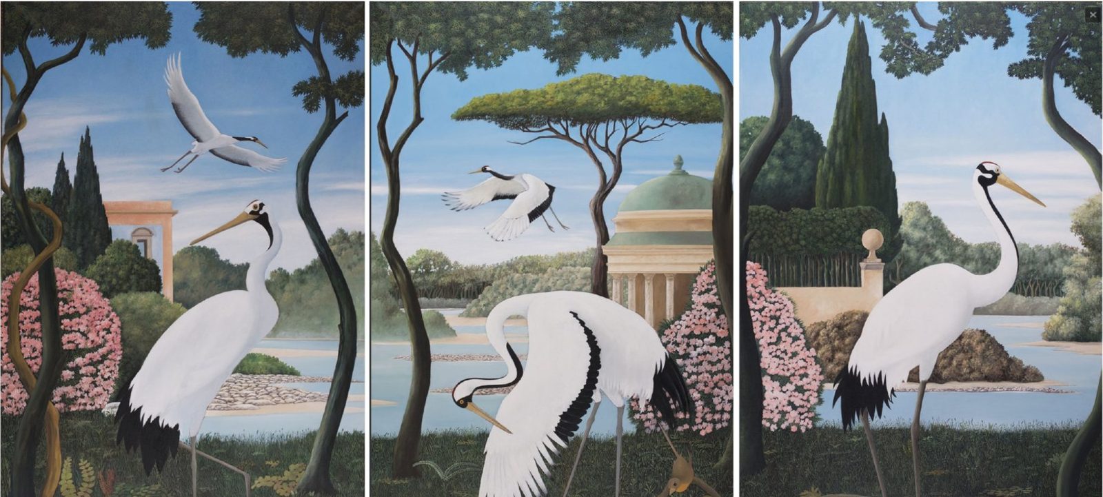 A 3.5 meter triptych with three storks at its center, commissioned from an Italian artist for a sea view villa in Caesarea
