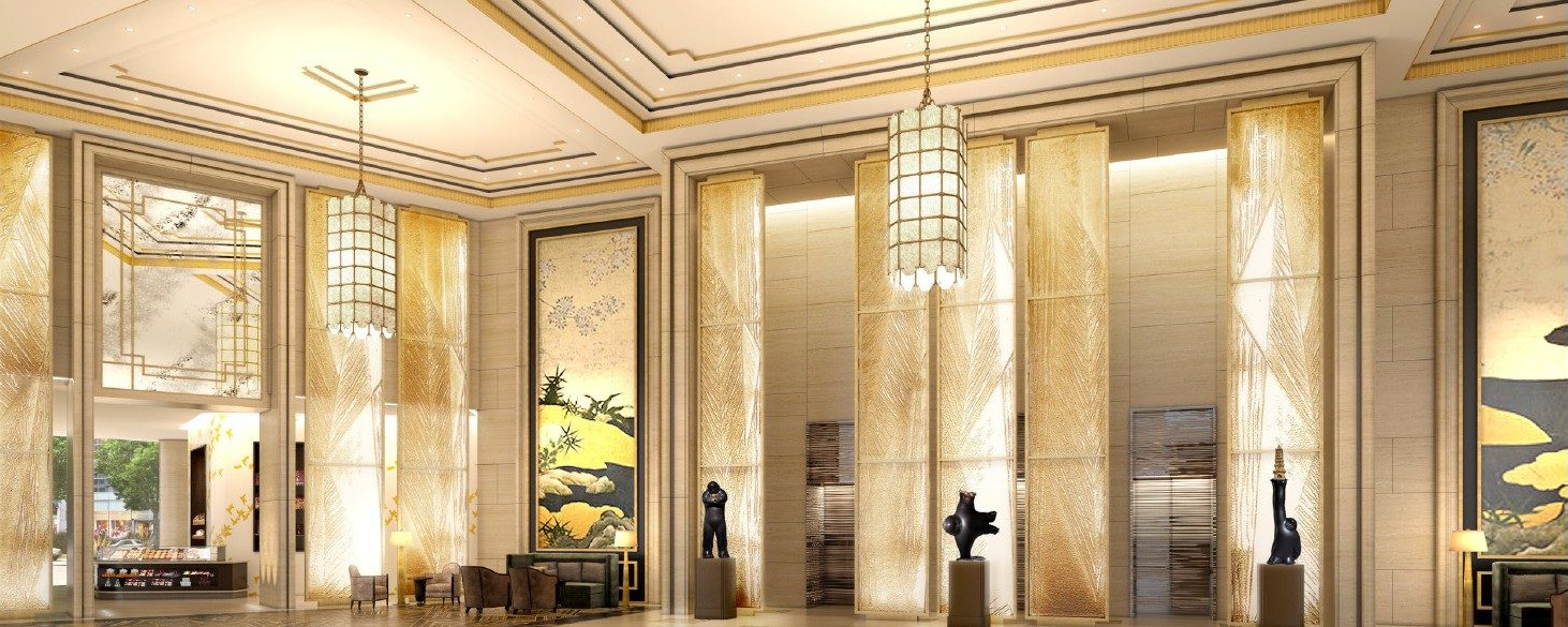Lobby of the Waldorf Astoria Chengdu, onyx panels and painted screens curated by THEODORA