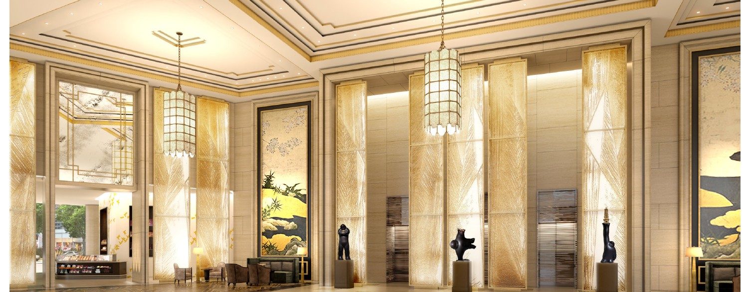 Lobby of the Waldorf Astoria Chengdu with sculptural artworks