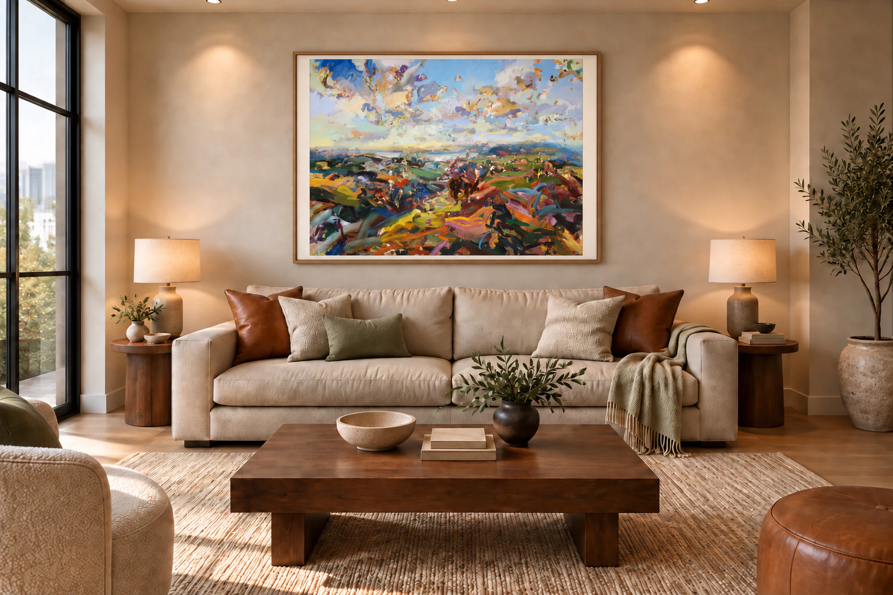 The same living space with a framed landscape of bright rolling hills under a cloudy sky, hung a short gap above the sofa back.